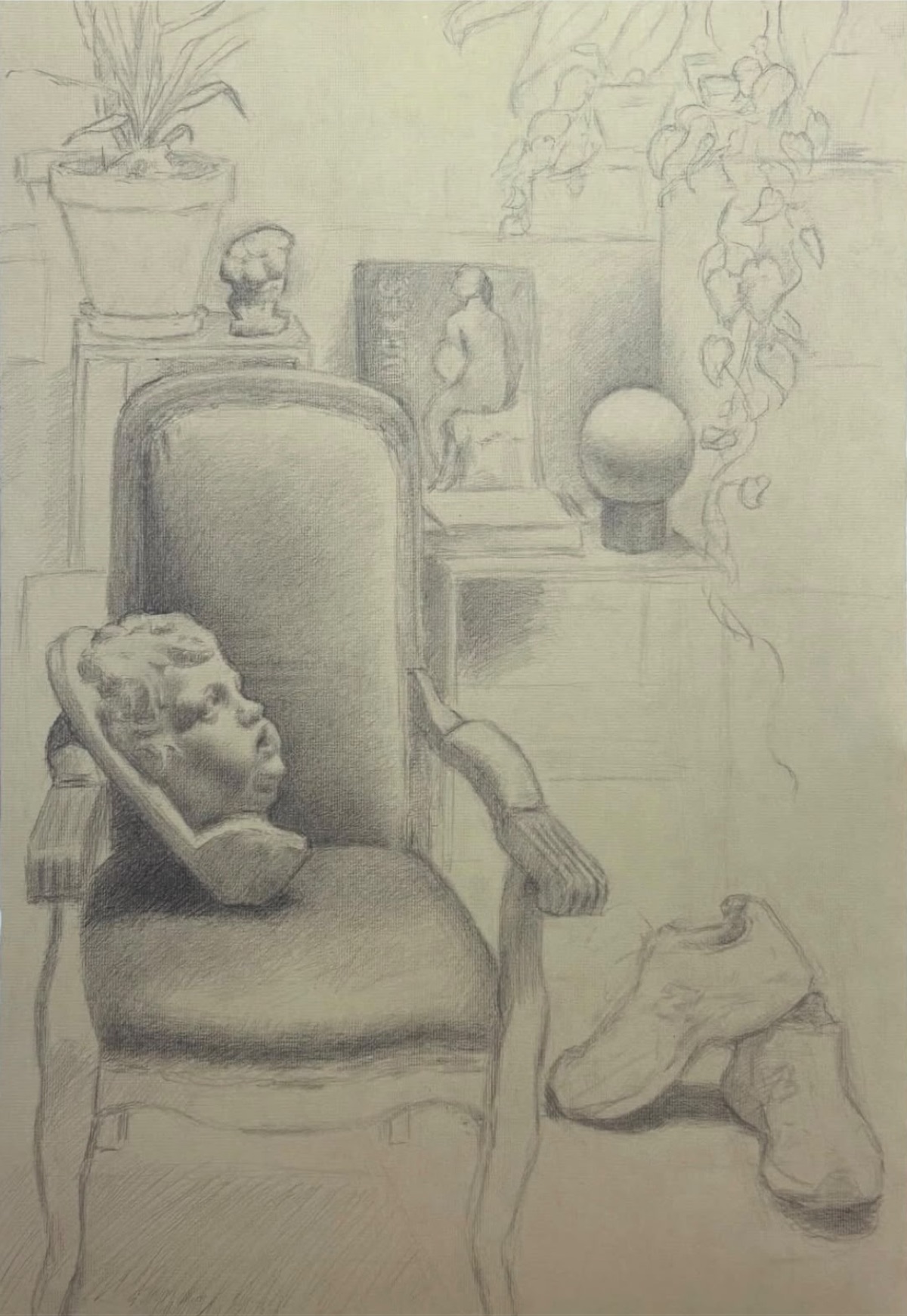Still life with armchair and bust, pencil