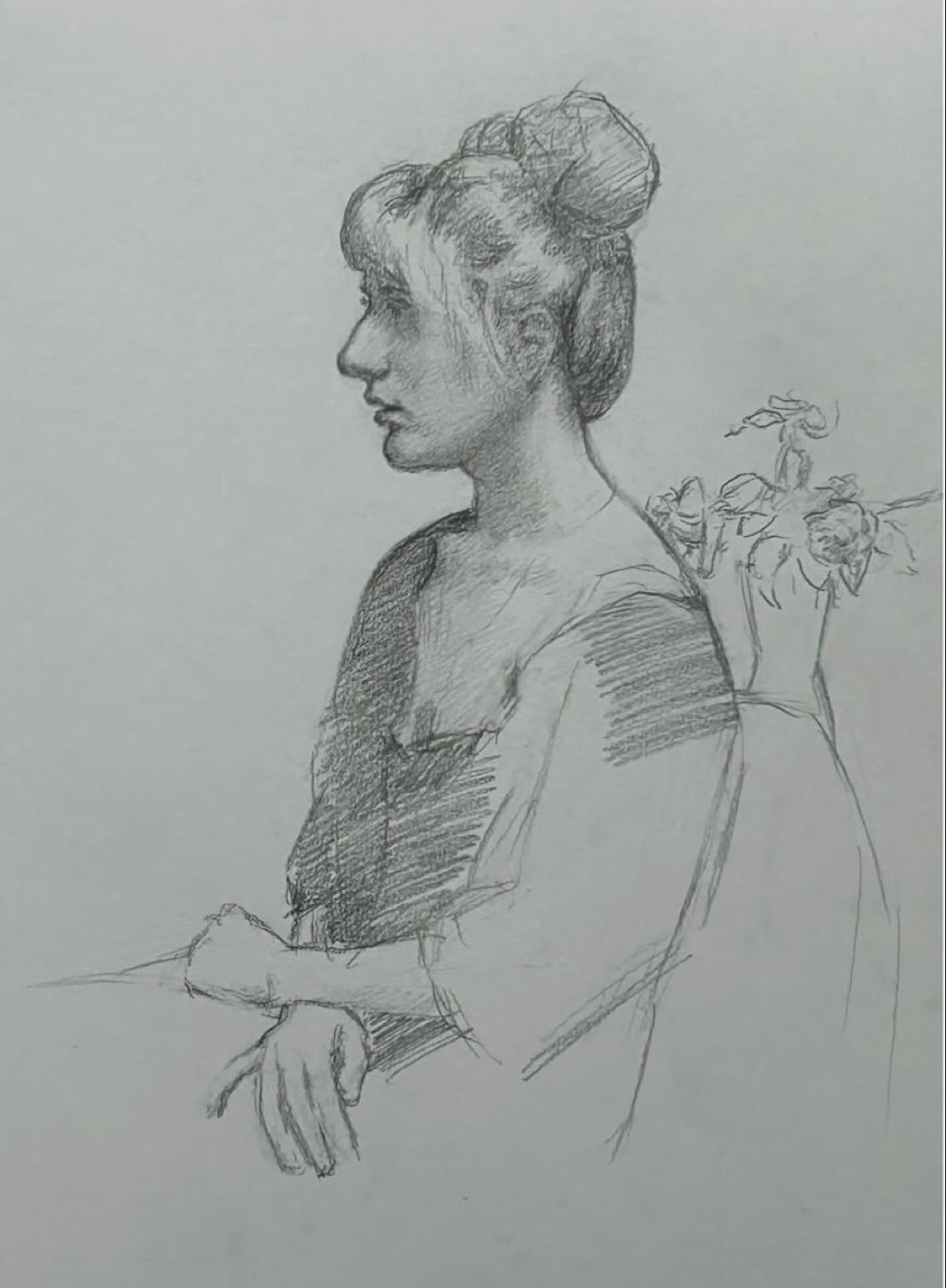 Profile portrait of a woman, pencil